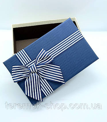 Коробка синя подарункова прямокутна прямокутна щільна з кришкою 23х16х9 см, упаковка для подарунка з бантом