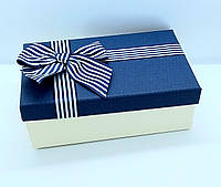 Коробка синя подарункова прямокутна прямокутна щільна з кришкою 19х12х6 см, пакувальна коробка зі смугастим бантом