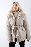 Куртка женская зимняя из плащевки с поясом светло-бежевая 21345 (2000000120355)
