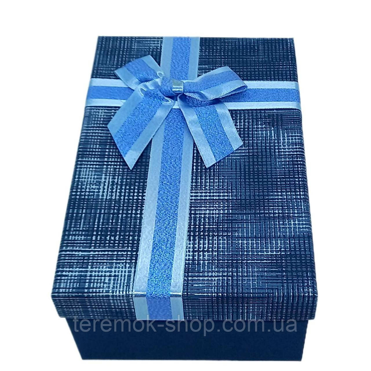 Синя коробка подарункова прямокутна прямокутна щільна з кришкою 19х12х6 см, упаковка для подарунка з блакитним бантом маленька
