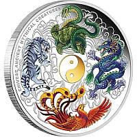Серебряная монета Четыре созвездия Зеленого Дракона, Белого Тигра, Черной Черепахи и Багрового Феникса удачу