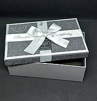 Коробка серебро подарочная прямоугольная плотная с крышкой 23х16х9 cм, упаковка для подарка с серым бантом