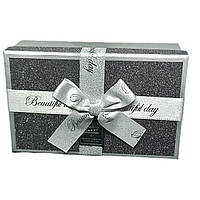 Коробка серая подарочная прямоугольная плотная с крышкой 21х14х8 cм, упаковочная коробка с атласным бантом