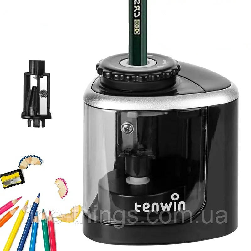 Електрична точилка олівців, Tenwin стругачка на батарейках, електрична стругачка чорна з запасним ножем