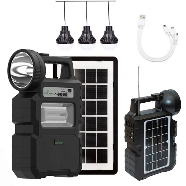 Ліхтар-прожектор 10W CCLAMP CL-810 з комплектом портативних сонячних панелей 6 V 7 Вт, 3 лампочками, FM-радіо, фото 1