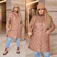Удлиненная теплая женская куртка капучино большого размера (6 цветов) ЮР/-2430