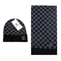 Комплект теплої чоловічої шапки + шарф у карту чорний в'язаний зимовий Louis Vuitton Луї Вітон Люкс якість