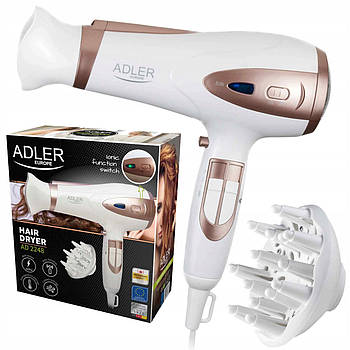 Фен Adler AD 2248 white — 2400 Вт, іонізація, 3 температурні режими, 2 швидкості, дифузор, концентратор