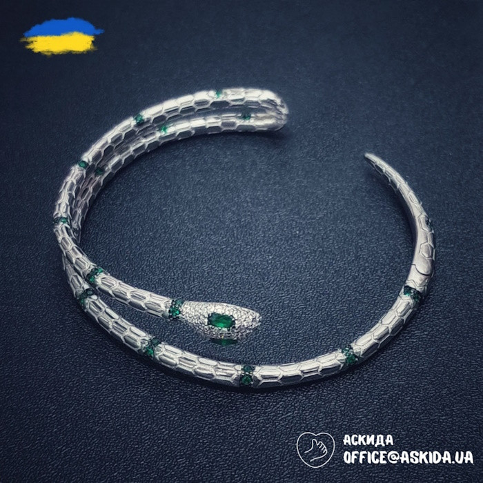 Браслет Змія зі срібла із зеленими фіанітами