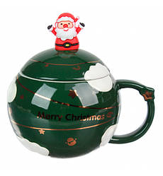 Кухоль новорічний "Merry Christmas" кришка + ложка, 450 мл., кераміка, колір - зелений