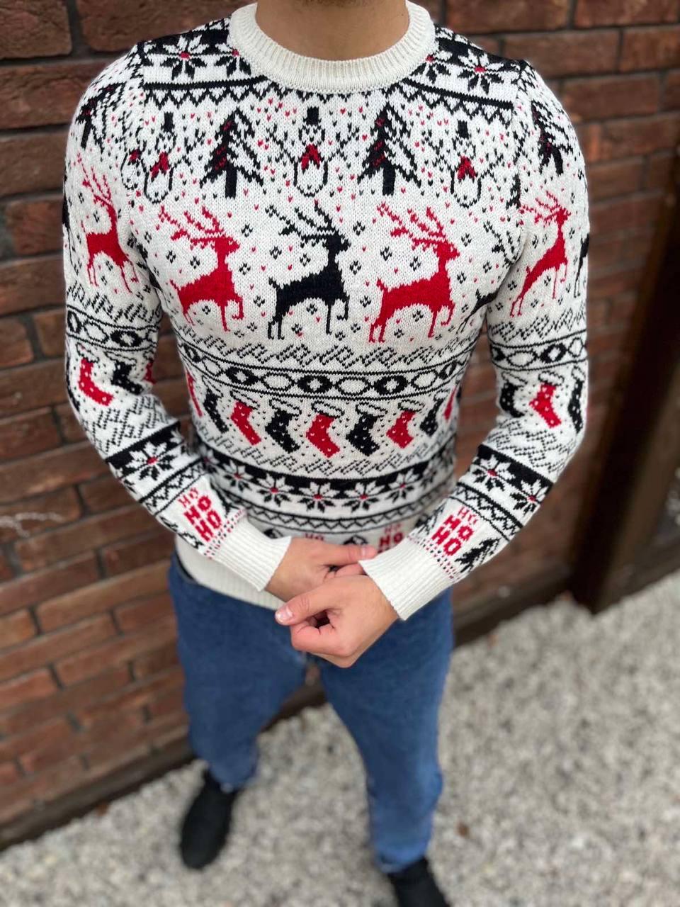 Новогодний мужской белый свитер для праздничных фотосессий, теплый рождественский зимний свитер с оленями - фото 1 - id-p2018081089