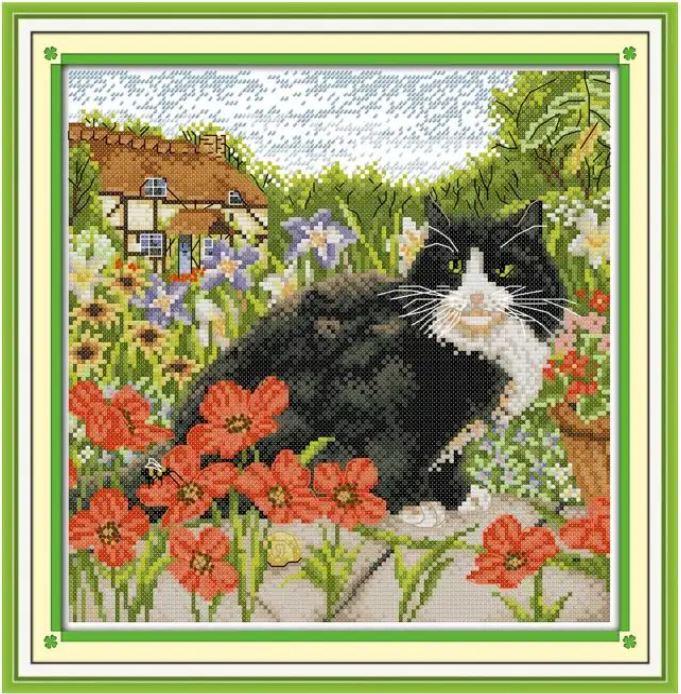 Набір для вишивання за нанесеною на канву схемою "The cat and poppy" . AIDA 14CT printed, 31*31 см