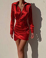 Червона жіноча приталена міні-сукня з імітацією запаху з королівського атласу з відкладним коміром