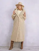 Бежевое удлиненное фактурное шерстяное пальто размер XL