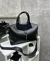 Женская сумка саквояж вместительная городская стильная на широком ремне черная кожзам