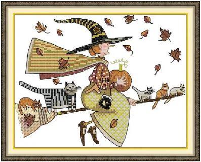 Набір для вишивання за нанесеною на канву схемою "The Witch and the Cat". AIDA 14CT printed, 29*21 см