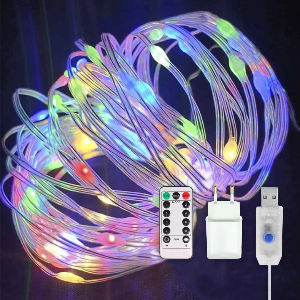 Світлодіодна гірлянда нитка "Роса Люкс" 10м з пультом, від USB та мережі 220V, 100 LED, 8 режимів, IP65