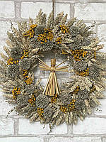 Рождественский венок с ангелом из колосьев и цветов, рождественский венок оберег на двери, диаметр 28 см
