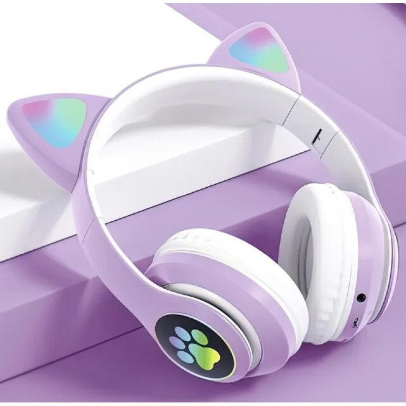 Беспроводные наушники с кошачьими ушками Bluetooth и RGB подсветкой Cat VZV-23M Фиолетовые SW-9 - фото 1 - id-p2018161074