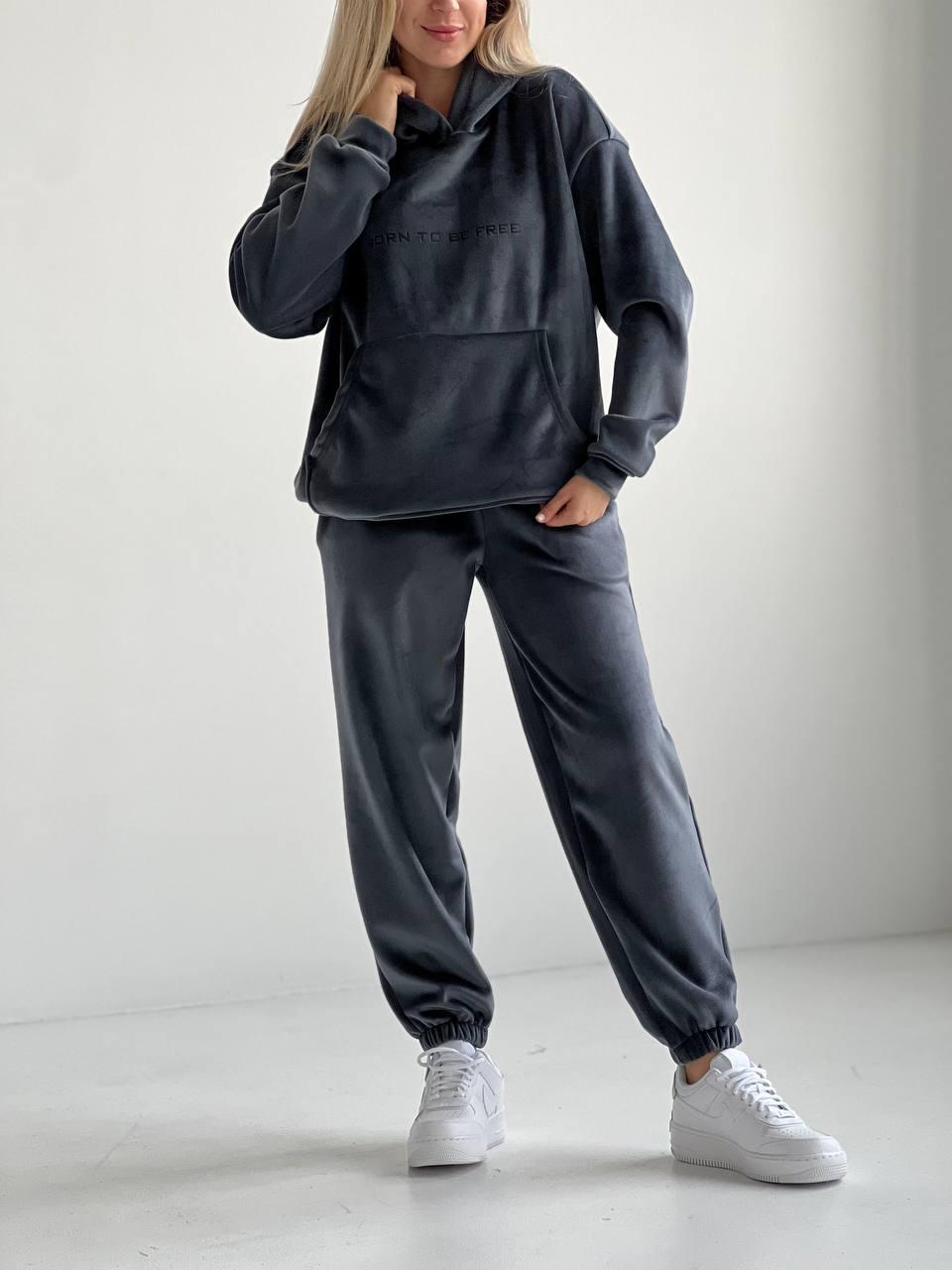 Графітовий теплий жіночий спортивний костюм із капюшоном із двостороннього велюру, фото 1