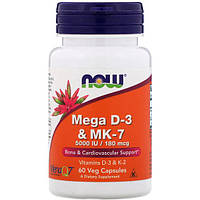 Комплекс Витамин D3+K2 NOW Foods Mega D-3 MK-7 60 Veg Caps NF0384 ES, код: 7518471