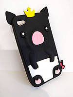 Чехол игрушка детский для iPhone 4 / 4s силиконовый свинка черный