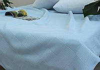 Плед-Покрывало-Легкое одеяло 3 в 1 хлопок 100% 160х235 см фактурная клетка светло-голубой