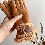 Рукавички жіночі зимові сенсорні під замшу утеплені з хутром. Теплі рукавички на хутрі Коричневий, фото 4