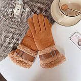 Рукавички жіночі зимові сенсорні під замшу утеплені з хутром. Теплі рукавички на хутрі Коричневий, фото 2