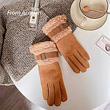 Рукавички жіночі зимові сенсорні під замшу утеплені з хутром. Теплі рукавички на хутрі Коричневий, фото 6
