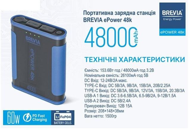 Основные характеристики портативной зарядной станции Brewia ePower 48000mAh 153.6 Wh LiFePo4