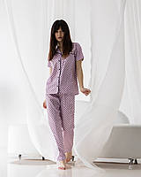 Домашняя одежда - 92176-ни - Нежная женская пижама комплект на пуговицах со штанами в горошек