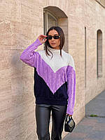 Уютный женский свитер размер универсальный 42-50 | Модный вязаный свитер молоко-сиреневый-синий