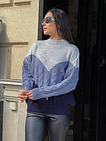 Уютный женский свитер размер универсальный 42-50 | Модный вязаный свитер серый-джинс-синий