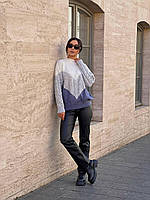 Уютный женский свитер размер универсальный 42-50 | Модный вязаный свитер молоко-серый-джинс