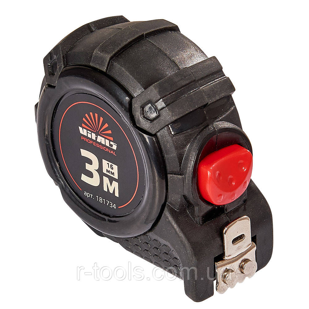 Рулетка гумова з нейлоновим покриттям полотна 3 м × 16 мм автостоп Vitals Professional 181734