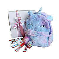 Детский подарочный набор с плюшевым рюкзаком единорог фиолетовая радуга и сладостями (GB-0013)
