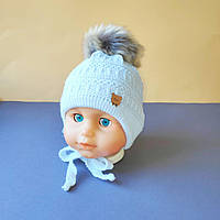 Зимняя вязаная детская шапочка для новорожденных размер 36-38 на флисе цвет Голубой
