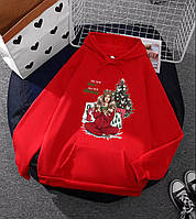 Однотонный худи на флисе с новогодним принтом (черный, белый, красный); размер: 42-48 оверсайз Красный