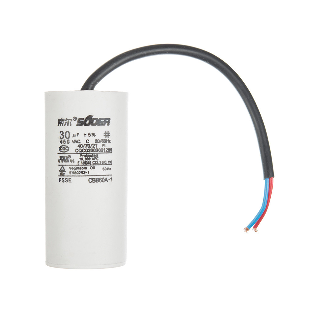 Конденсатор пусковий CBB60 30uF 450VAC 5% 92.3x44.3mm з дротом