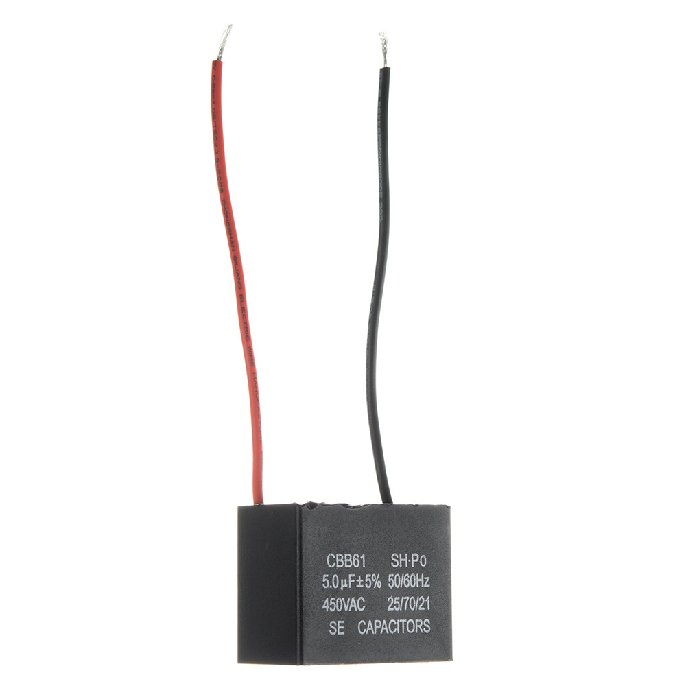 Конденсатор пусковий CBB61 5.0uF 450VAC 5% 47.4x32.8x20.3mm з дротом