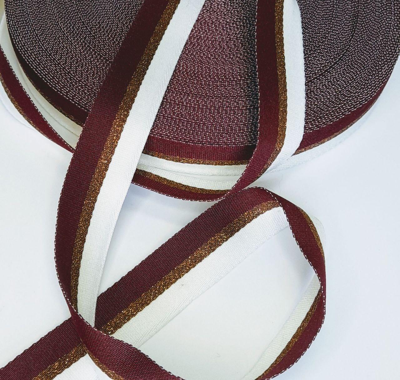 Стрічка кіперна щільна бордово-біла з люрексом 20мм, фото 1