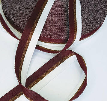 Стрічка кіперна щільна бордово-біла з люрексом 20мм