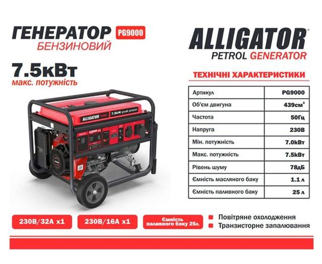 Характеристики генератора Alligator PG9000