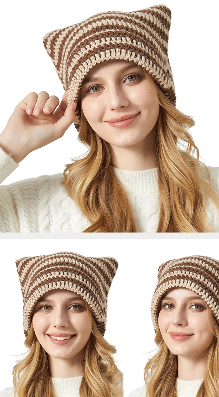 Шапка в смужку з вушками. В'язана шапка в смужку з котячими вушками тiк ...