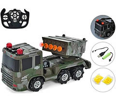 Машинка військова на пульті керування для дітей акумуляторна City Defender стріляє, ефект пари, світить Військова машинка