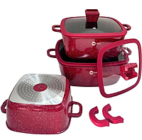Посуда гранитная для индукционной плиты, набор посуды кастрюля для индукции Higher Kitchen HK-323 красный