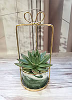 Горшок керамический с подставкой зеленый мраморный З1 для комнатных растений суккулентов