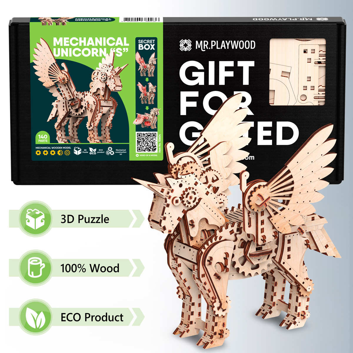 Конструктор 3D з дерева Mr. Playwood Єдиноріг S 140 деталей, фото 1