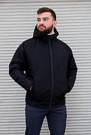 Мужская зимняя куртка черная однотонная без принтов короткая с капюшоном (Bon)